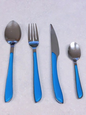 Inox cutlery set with blue handles, new