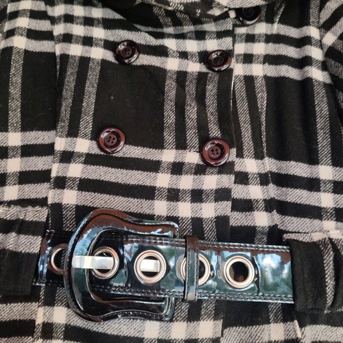 Actuel checked short coat unused with patent belt one size black white