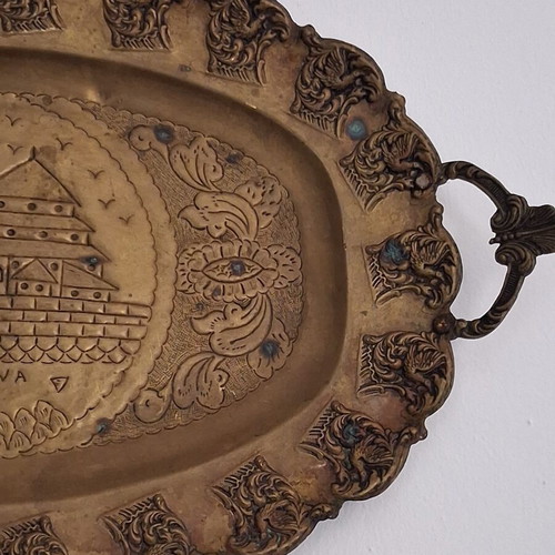 Handmade Copper Tray Giannina with Carved Traditional Design like new