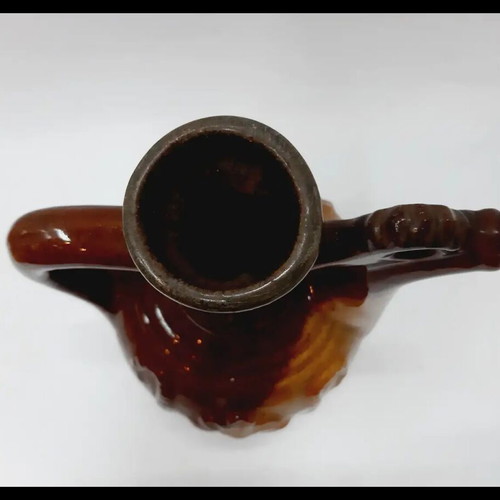 Vintage Troyan Ceramic Jug handpainted, brown and beige, 14 cm
