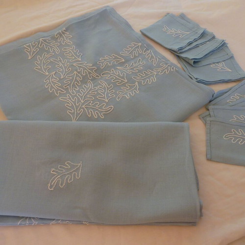Vintage embroidered cotton tablecloths set with napkins used