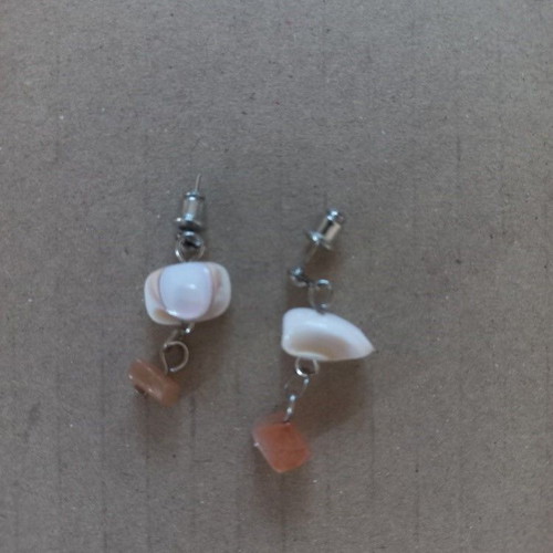 Handmade boho stud earrings with natural shells and salmon stones, like new