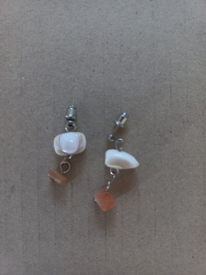 Handmade boho stud earrings with natural shells and salmon stones, like new