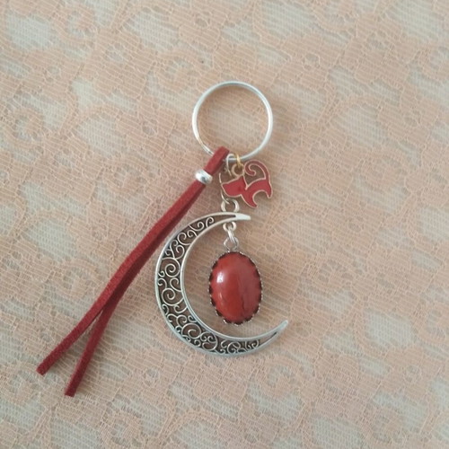 Keychain with silver moon and chestnut red jasper