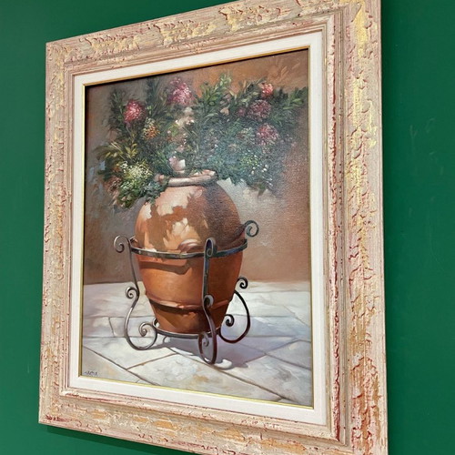Grassia oil painting used, vase with flowers in handmade carved frame