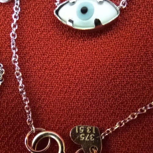 Gold necklace 375 with mother of pearl evil eye and side minimalist cross 45cm like new