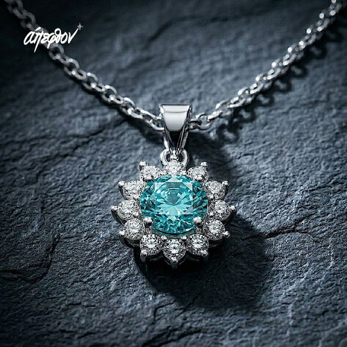 Ocean Dahlia silver necklace with 6mm aquamarine and zircon stones new
