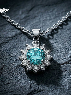 Ocean Dahlia silver necklace with 6mm aquamarine and zircon stones new