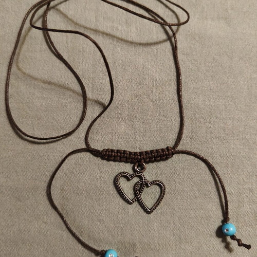 Boho handmade necklace with double heart, new, brown and turquoise