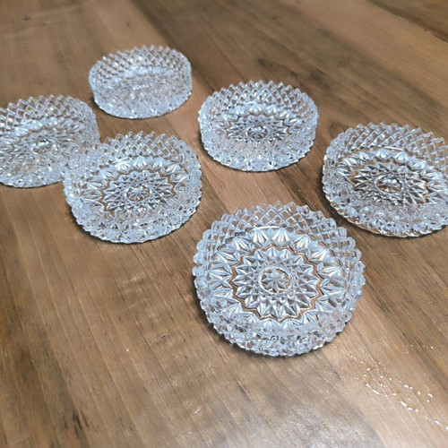 Set of 6 vintage pressed crystal coasters with diamond pattern
