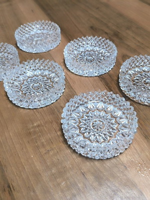 Set of 6 vintage pressed crystal coasters with diamond pattern