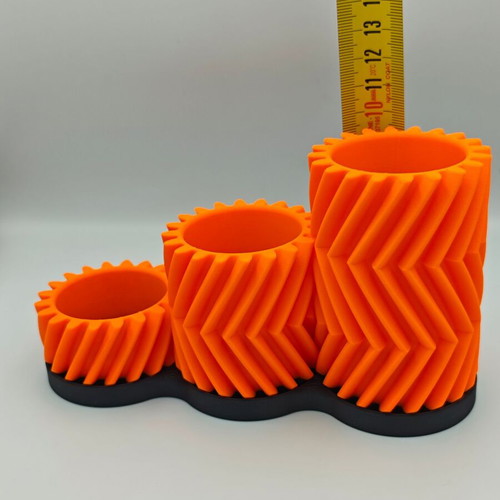 3D Printed 3-Compartment Pencil Holder with Moving Gears, custom colors