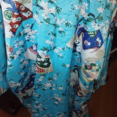 Japanese long robe, turquoise with cherry blossom print