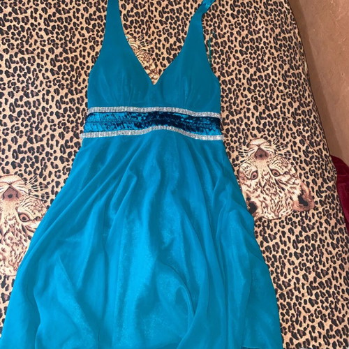 Turquoise Dress with Strass Details and Thin Straps, New