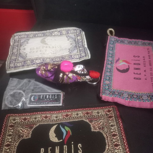 Ethnic fabric wallet set with doll keychain, 5 pieces