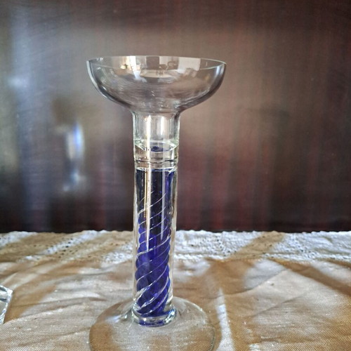 Glass candlestick vintage with distinctive blue twisted detail