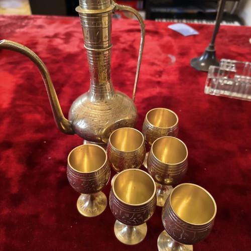 Vintage Oriental Brass Serving Set with Pitcher & 6 Cups