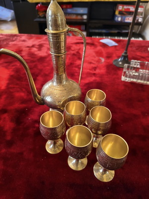 Vintage Oriental Brass Serving Set with Pitcher & 6 Cups
