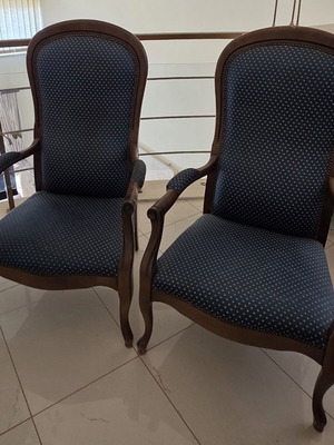 Voltaire armchairs vintage set used, wooden with blue fabric