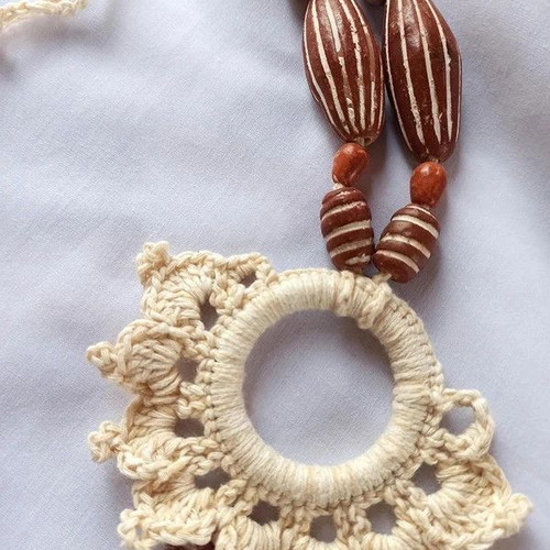 Handmade women's knitted necklace with ceramic beads and cotton yarn new
