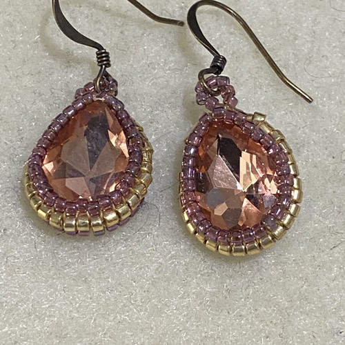 Handmade Drop Earrings with Pink-Salmon Crystal and Bronze Beads