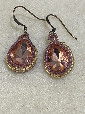 Handmade Drop Earrings with Pink-Salmon Crystal and Bronze Beads