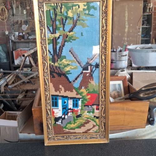Embroidery framed, used, 22×47 cm, about 40 years old