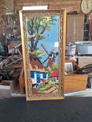 Embroidery framed, used, 22×47 cm, about 40 years old