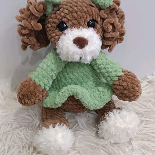 Handmade crocheted dog new with plush yarn and green dress