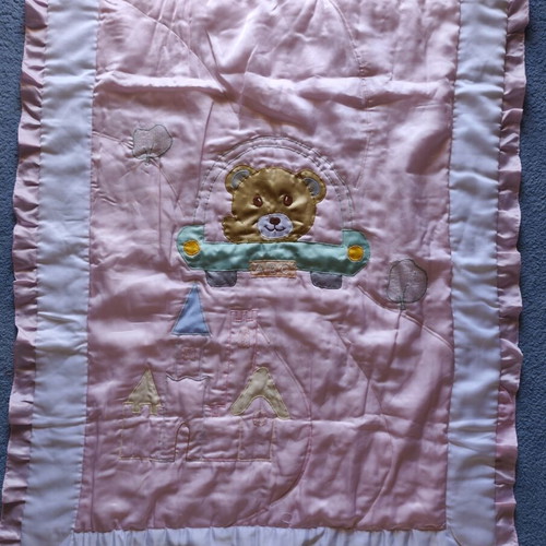 Baby satin blanket with embroidered teddy bear used, pink