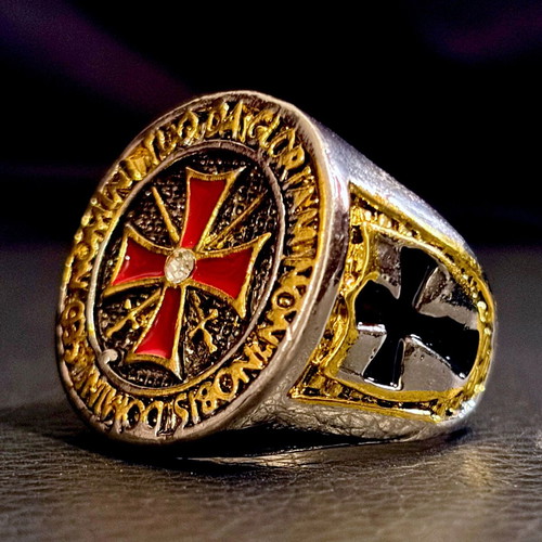 Maltese Cross Templar ring stainless steel with red enamel, US 11
