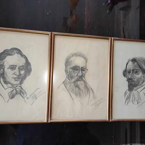 Drawn paintings used, 3 sketches of great composers Gustave Charpentier, Nikolai Rimsky-Korsakov, Felix Mendelssohn