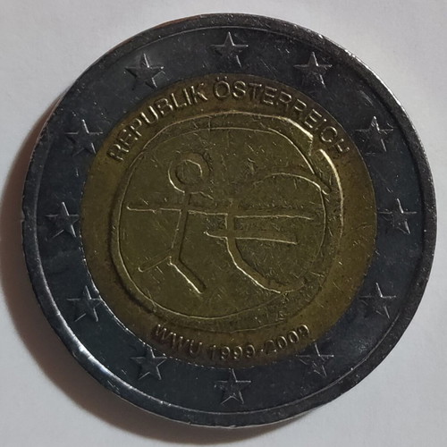Austria 2009 commemorative 2 euro used, 10 years EMU