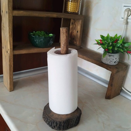 Kitchen paper holder made of natural kournari wood painted with walnut oil