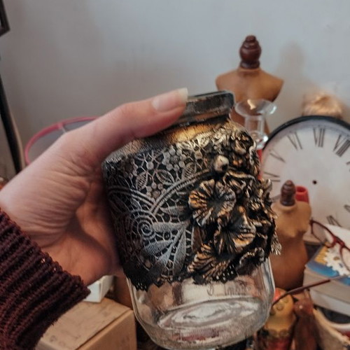 Mixed Media upcycled jar like new with handmade clay elements