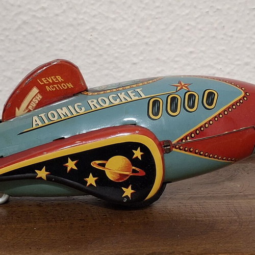 Atomic Rocket Tin Toy 1950s Masudaya Japan used, working mechanical