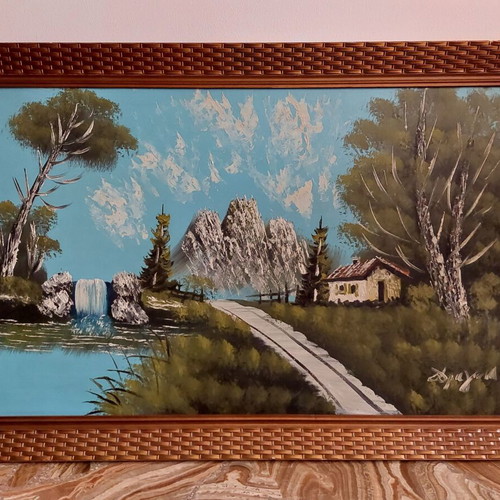 Idyllic Mountain Landscape with Cabin and Waterfall - Oil Painting