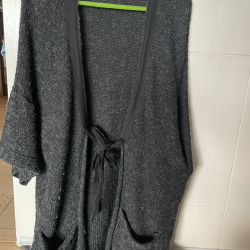 Figaro knitted cardigan used, dark gray with black trim, pockets, tie front