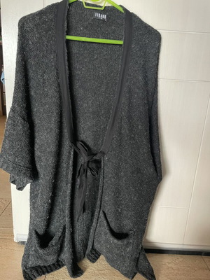 Figaro knitted cardigan used, dark gray with black trim, pockets, tie front