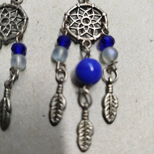 Earrings new with blue beads and feather charms