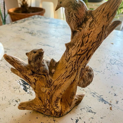 Handmade ceramic decorative owls and tree branch with squirrel and bird new