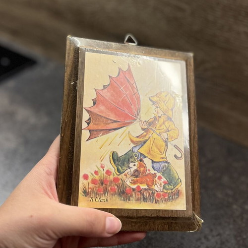 Vintage wooden wall plaque N. Clark with child and dog illustration
