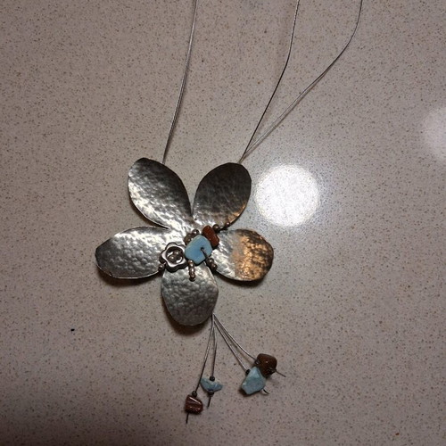 Vintage handmade flower pendant with semiprecious stones used