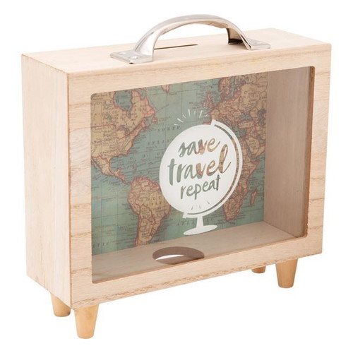Travel Map Piggy Bank Suitcase new, glass and wood