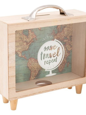 Travel Map Piggy Bank Suitcase new, glass and wood