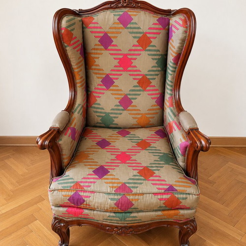 Saridis Vintage Armchair like new with Carved Wood and Fabric Upholstery