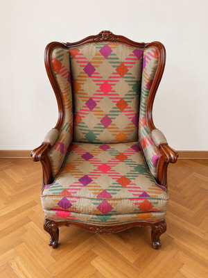 Saridis Vintage Armchair like new with Carved Wood and Fabric Upholstery