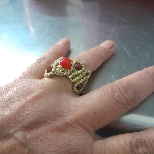 Macrame ring made to order with gold-colored thread and red stones