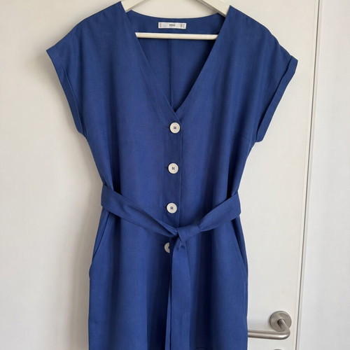 Mango Linen Blend Romper Size M Blue Belted Jumpsuit Excellent Condition