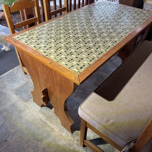 Handmade solid beech wood dining table with mosaic tiles and seating
